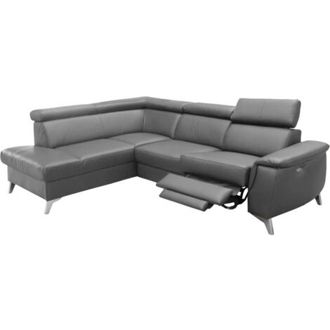 Canapé d'angle en cuir italien de luxe 5/6 places avec relax électrique et coffre, LINCOLN, gris foncé, angle gauche (1/4)