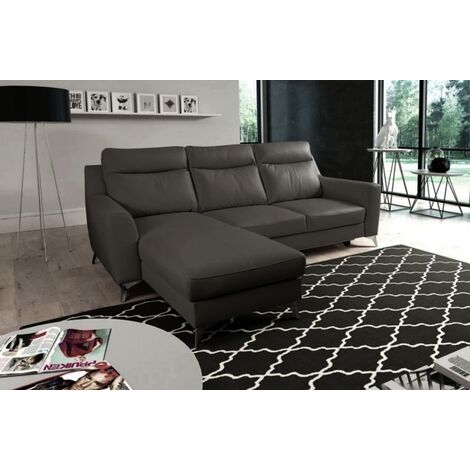 - Canapé d'angle convertible en cuir italien de luxe 5/6 places GIANNI avec coffre, gris foncé, angle gauche (1/5)
