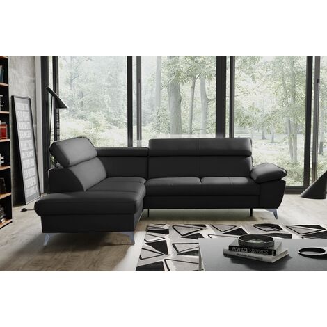 Canapé d'angle convertible en cuir italien de luxe 5/6 places WARREN II, avec coffre, noir, angle gauche (1/4)