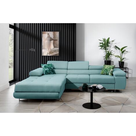 - Canapé d'angle convertible ARMEL en tissu luxe 5 places, bleu, avec coffre, angle gauche (vu de face) (1/5)
