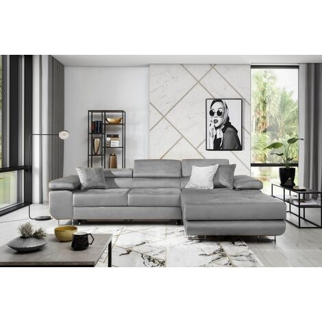 Canapé d'angle convertible ARMEL en tissu luxe 5 places, couleur gris, avec coffre, angle droit (vu de face) (1/5)