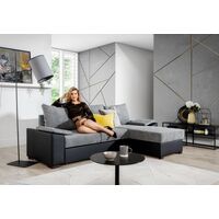 Canapé d'angle convertible, en tissu gris et simili noir, angle droit (vu de face) - LUCAS