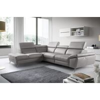 Canapé d'angle relax en 100% tout cuir épais de luxe italien avec relax électrique, 5/6 places KASTER, gris clair, angle gauche