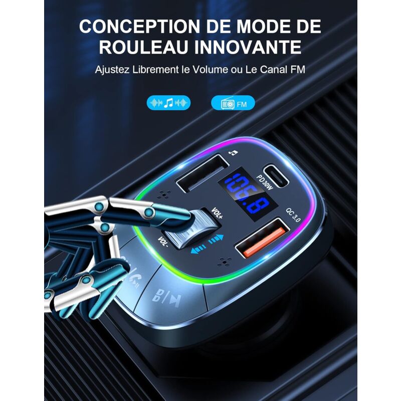 TRASMETTITORE FM BLUETOOTH per Auto, PD 30W + QC 3.0 Adattatore