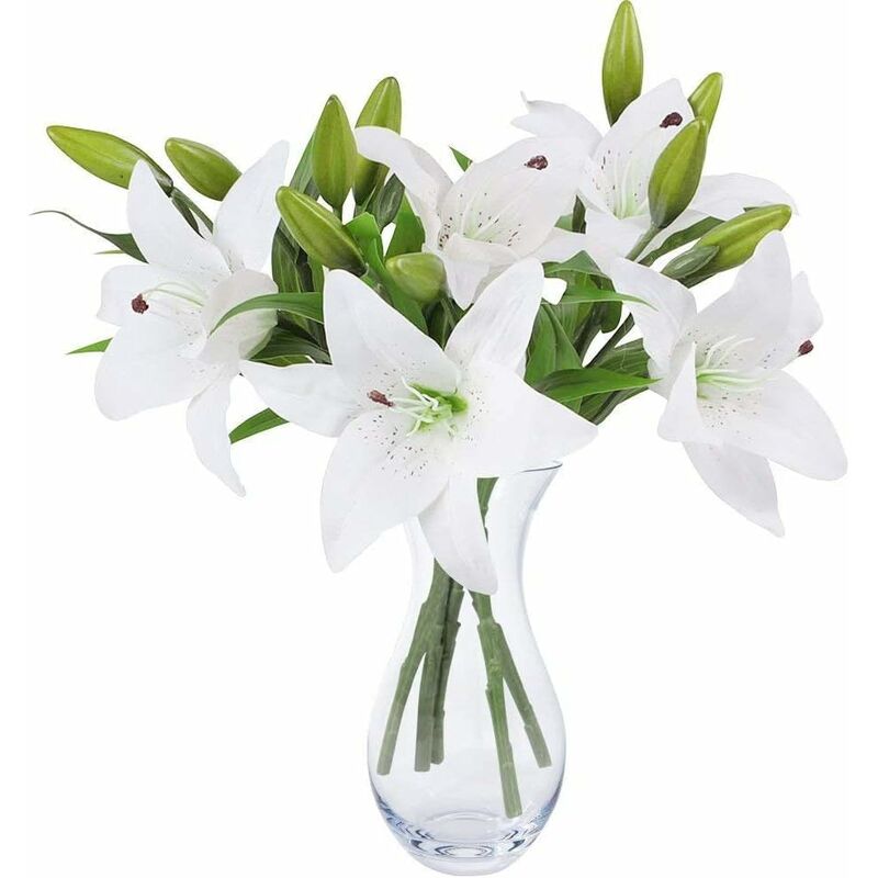 ZOLGINAH Bouquet di fiori artificiali Set di 5 fiori artificiali finti  Giglio plastica per la casa Deco matrimonio Paese Cimitero Pianta  artificiale per esterni interni (bianco)