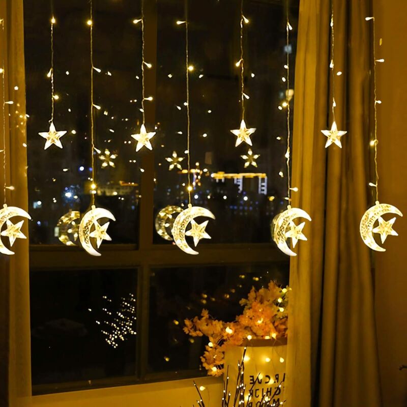 ZOLGINAH Luci per tende, 138 luci a stringa LED Luce per tende fatate  Stelle e lune, 2,5 mx 1 m Illuminazione decorativa per interni ed esterni  Luce per camera da letto, Bianco caldo