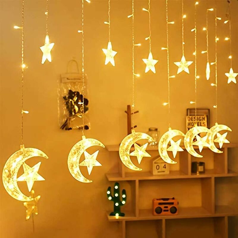 ZOLGINAH Luci per tende, 138 luci a stringa LED Luce per tende fatate  Stelle e lune, 2,5 mx 1 m Illuminazione decorativa per interni ed esterni  Luce per camera da letto, Bianco caldo