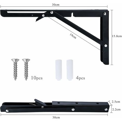 ZOLGINAH 2PCS Staffa per mensola pieghevole Staffa pieghevole da 300 mm  Mensola a parete Staffa pieghevole per impieghi gravosi Staffa per console  pieghevole nera per mensola a parete da tavolo Portan