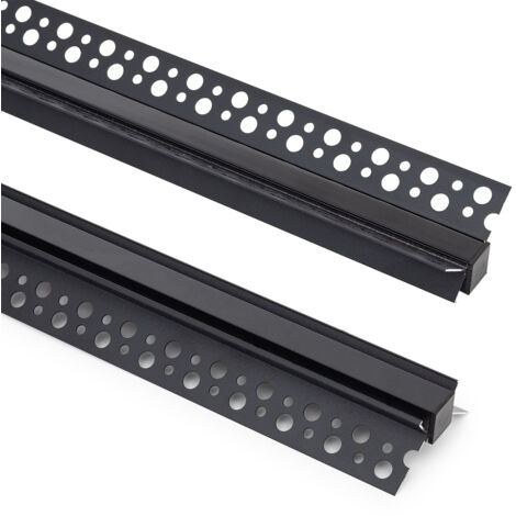 Profilé Aluminium Intégration Plâtre/Placo Angle Intérieur Rubans LED jusqu'à 9 mm avec Capot Continu Noir 2 m Noir translucide