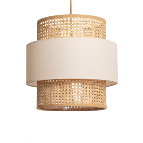 Ledkia – Suspension en rotin et tissu Amaia beige – Dimensions 1825 mm x Ø400 mm – Design rustique et contemporain – Éclairage doux et chaleureux