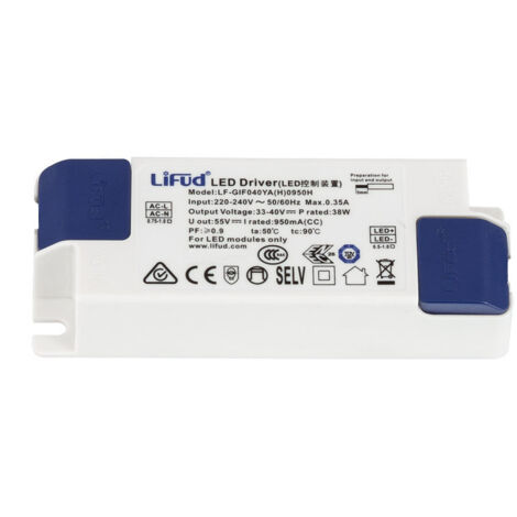Driver LED 220-240V – Sortie 33-40V DC 950mA – Puissance 38-40W – Compatible avec luminaires LED – Technologie sans scintillement – Lifud