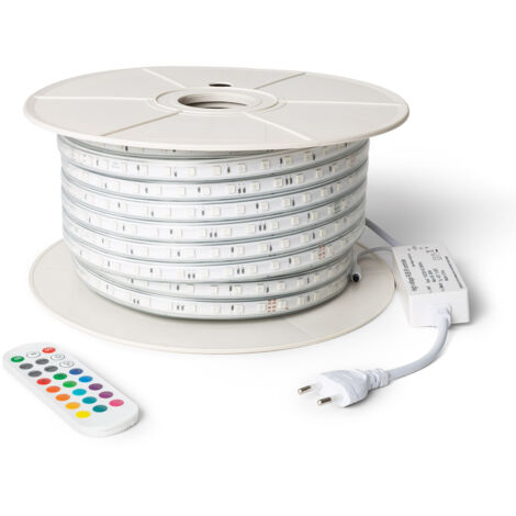 Ruban LED RGB 220V SMD 60 LED/m BOBINE 50m 9,5W/m Largeur 14,5mm Coupe 100cm IP65 avec Télécommande RGB (1/5)