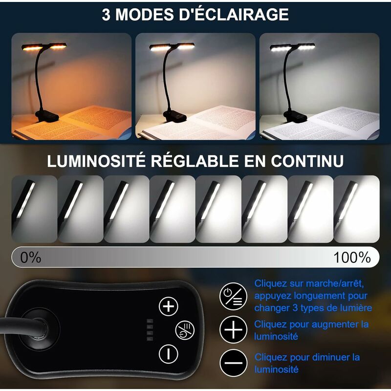 Lampe de Lecture Rechargeable, 9 LED Liseuse Lampe Clip, Gradation  Progressive & 3 Modes Protection des Yeux (Blanc Froid&Chaud), 360° Cou  Flexible, Indicateur, Longue Travail pour Lire au Lit