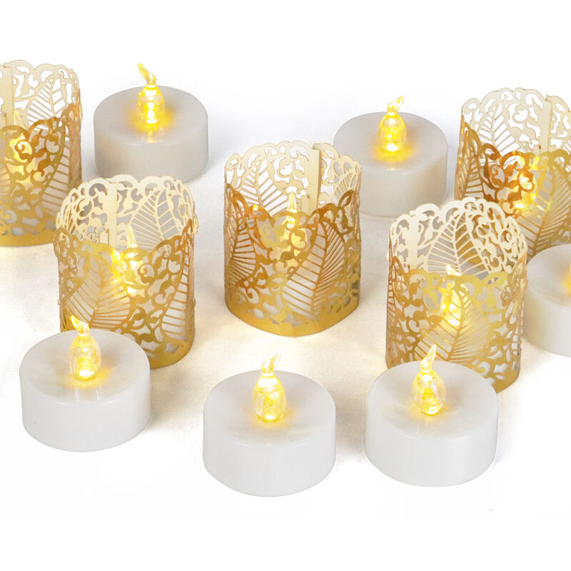 Lot de 12 bougies LED sans flamme , 12 morceaux de papier à motif creux  gratuits- Jaune chaud - Fonctionne avec piles - Longue durée de vie - Pour  mariage, vacances, fête, décoration d'intérieur