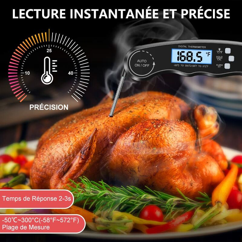 Thermometre Cuisine, 3S Lecture Instantanée Thermomètre Cuisson Étanche  avec Sonde Longue, Rétroéclairage & Aimant, Bouton d'Étalonnage,  Thermometre