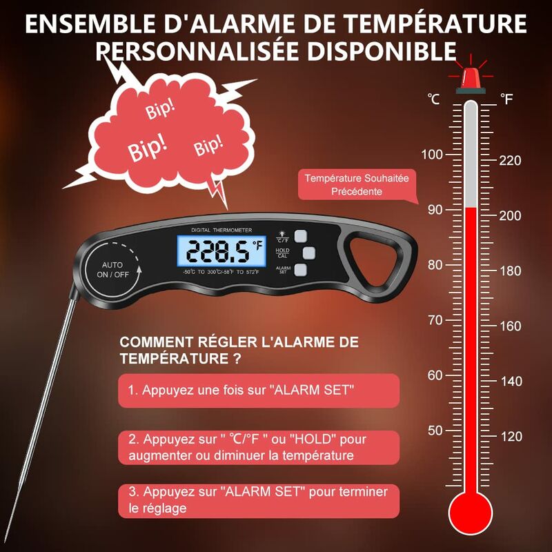 Thermometre Cuisine, 3S Lecture Instantanée Thermomètre Cuisson Étanche  avec Sonde Longue, Rétroéclairage & Aimant, Bouton d