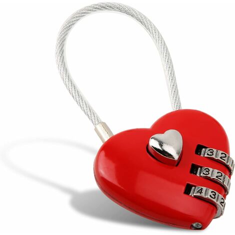 Cadenas (rouge)en forme de coeur, serrure à code mini à 3 chiffres, avec  câble métallique