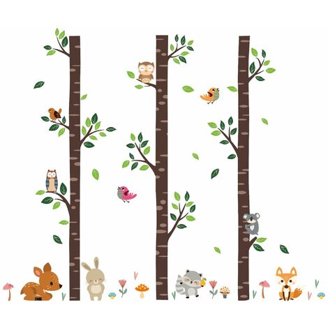 decalmile Stickers Muraux Grand Bouleau Arbre Animaux Autocollant