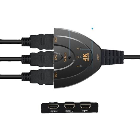 Commutateur HDMI à 3 ports avec câble Pigtail compatible avec la