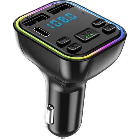 Transmetteur FM Bluetooth, Adaptateur Audio Sans Fil pour Autoradio Kit  Voiture Mains Libres Avec Chargeur de Voiture QC3.0 & 5V/2.4A,  Rétro-éclairage Coloré,Lecteur de Musique MP3 Support /USB