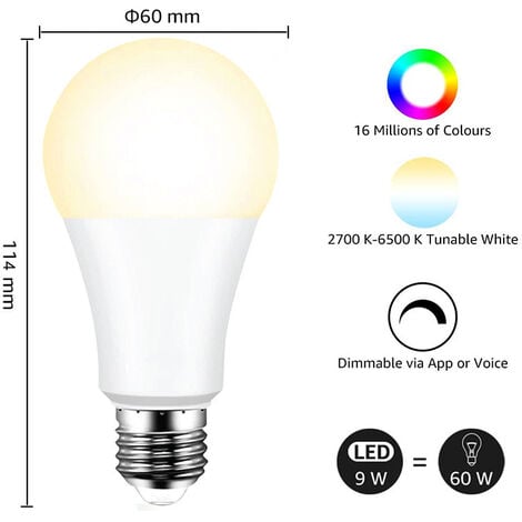 2 ampoules led connectées E27, 806Lm = 60W, variation de blancs, PHILIPS HUE
