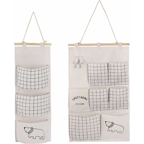 2 modèles de sacs de rangement muraux en lin (beige) avec petites