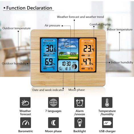 Blue Dream Station météo sans Fil Station météo numérique avec Station météo  Thermomètre avec Alarme et humidité Baromètre Alarme Horloge météo à Phase  Lunaire avec capteur extérieur (A)
