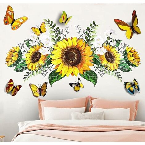 Stickers muraux motif tournesol avec papillon 3D, fleurs jaunes