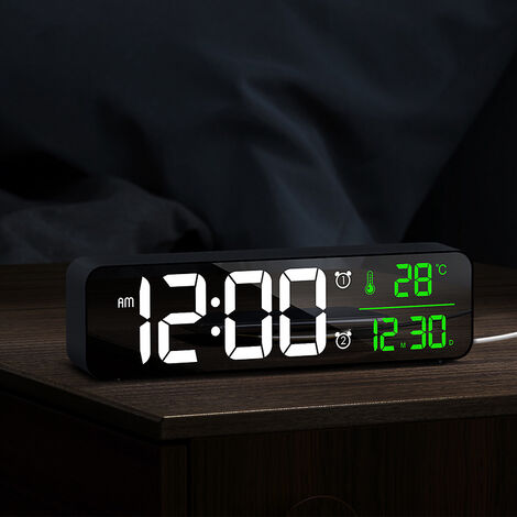 Réveil Numérique, Horloge Murale Réveil Matin LED Digital Miroir Grand  Ecran avec Température Date, 2 Alarme, 40 Musique, 6 Luminosité Varia