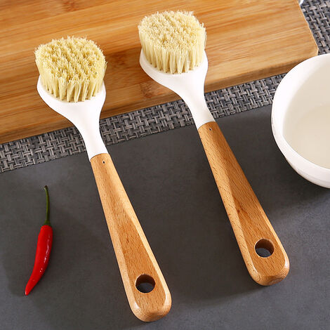 Brosse à vaisselle grattoir intégré avec poignée en bambou, brosse à  récurer pour nettoyer la vaisselle, lot de 2