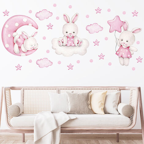 Lapins avec ballons Rose ，Stickers muraux personnalisés Stickers aquarelle  animaux avec nom Sticker muraux pour chambre d'enfant chambre de bébé salle  de jeux fille