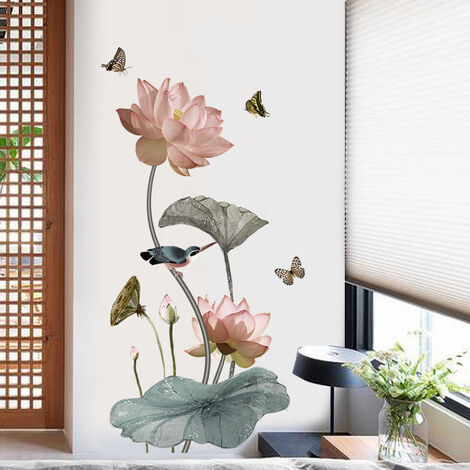 Sticker mural, taille XXL, motifs lotus et fleurs, rose, décoration pour  séjour et chambre à coucher