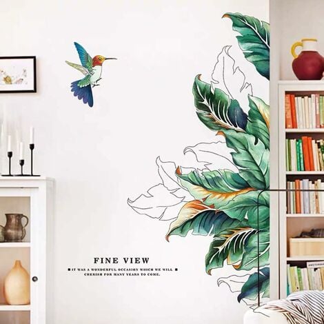 Stickers muraux vertes (120×70 cm) I autocollant sticker mural palmier  oiseau feuilles tropicales I Déco pour salon chambre cuisine carrelage  couloir d'enfant