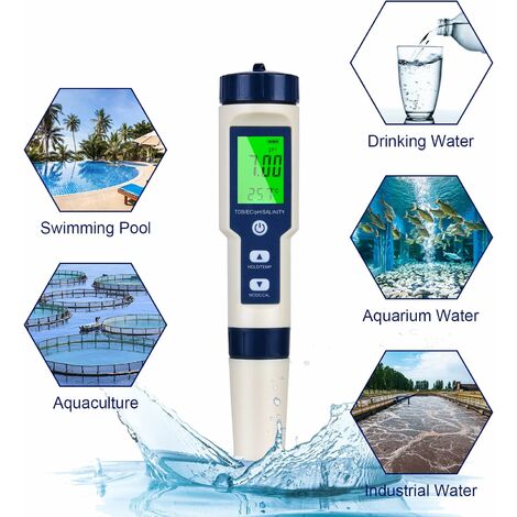 Ph mètre électronique 5-en-1, mesure Ph Tds Ec Salinité température Testeur  de qualité de l'eau, affichage LCD et précision de lecture, pour l'eau  potable, un