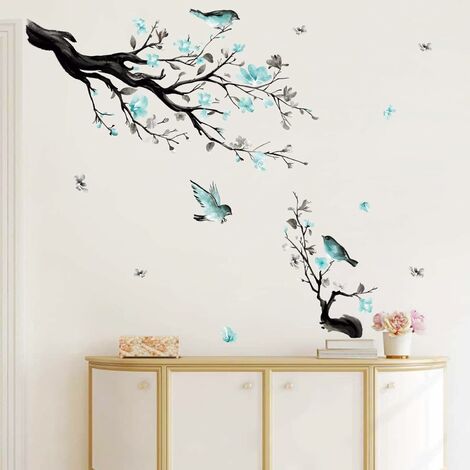 Stickers Muraux Branche de Fleur Autocollant Mural Fleurs Bleues Arbre  Oiseaux Décoration Murale Enfants Chambre Salon 