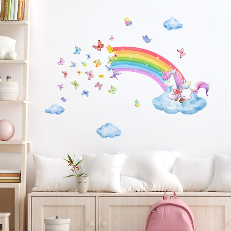 Stickers Muraux Arc en Ciel Licorne Autocollant Mural Papillons Nuage  Étoile Décoration Murale Chambre Enfants Bébé