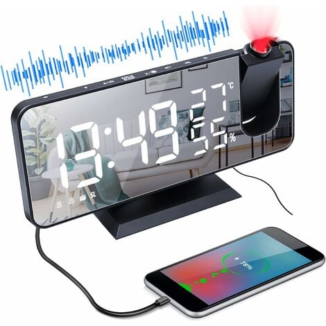 Radio-réveil à projection avec affichage bleu et port de chargement USB