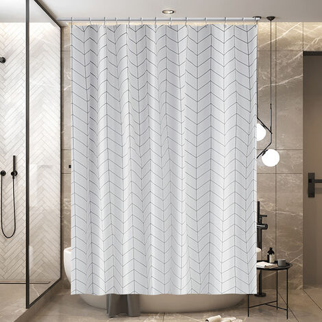 Lot Rideau de douche 180x200cm Blanc avec crochets + Barre de Douche