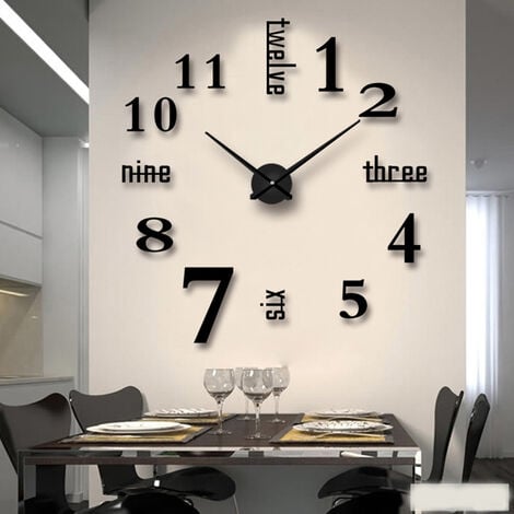 Noir Horloge Murale Design Moderne Auto-Adhésif, Horloge 3D