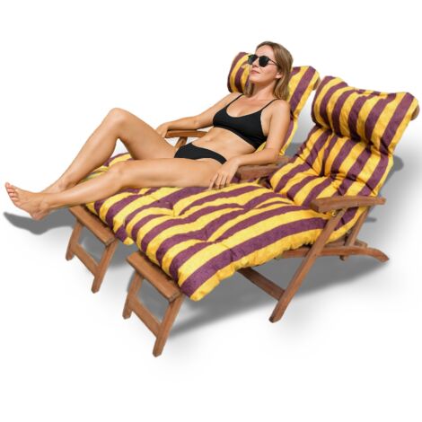Coussin bain de soleil extérieur 200x60cm – Motif lignes jaunes et bordeaux – Remplissage mousse haute densité – Séchage rapide