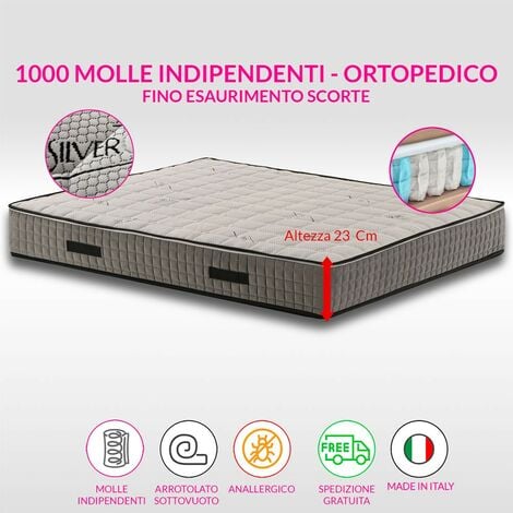 Materasso ortopedico 1000 Molle insacchettate H23 cm, OFFERTA, zone differenziate con tessuto anallergico in argento - GREY ML  160x190 Cm Matrimoniale standard