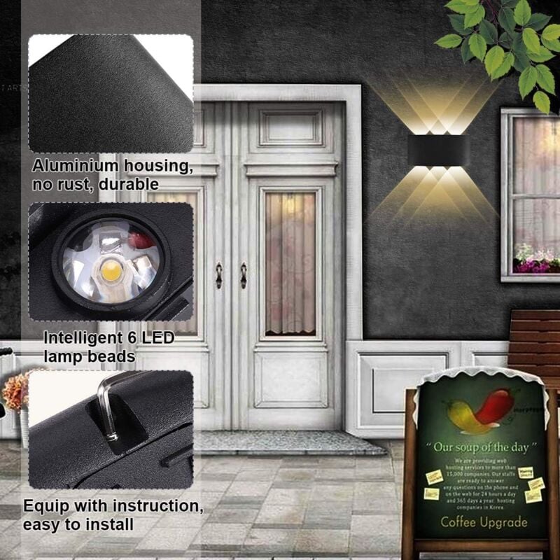 Applique Murale Interieur LED 6W en Aluminium, Lampe Murale Moderne Up Down Spot Lampe pour Salon Chambre Hall Escalier Pathway (Blanc Chaud) - Noir  -RAPANDA 2