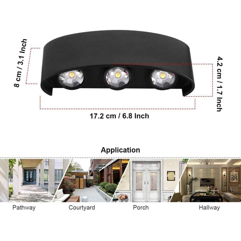 Applique Murale Interieur LED 6W en Aluminium, Lampe Murale Moderne Up Down Spot Lampe pour Salon Chambre Hall Escalier Pathway (Blanc Chaud) - Noir  -RAPANDA 4