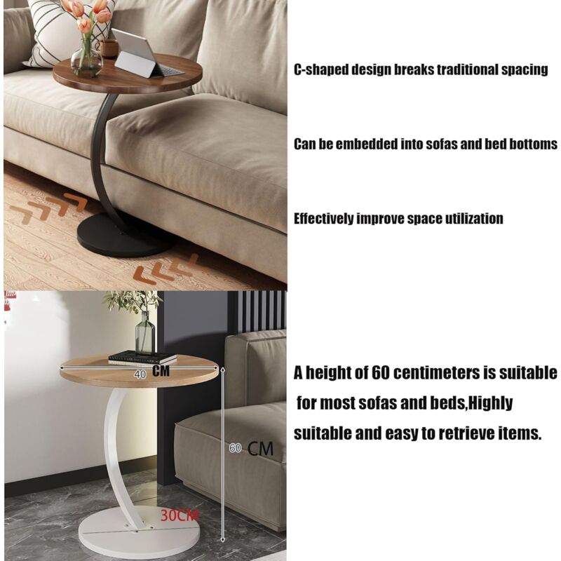 HDANI Table D'Appoint Ronde - Table De Canapé Ou Lit - 40x60cm - Métal Et Plateau Bois