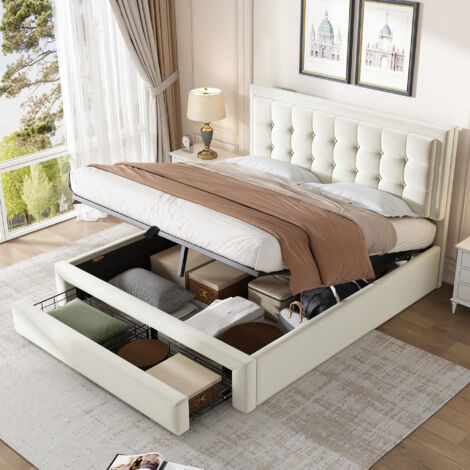 Lit coffre-Lit tapissé 140200 avec sommier à lattes et tête de lit, Lit coffre-, lit tapissé hydraulique, lit double, avec 2 tiroirs, support à lattes en bois, velours, beige