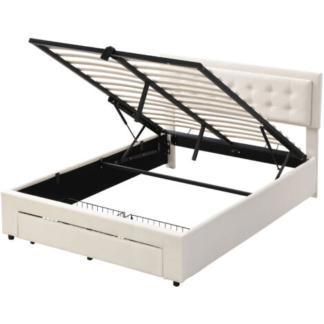Lit coffre-Lit tapissé 140200 avec sommier à lattes et tête de lit, Lit coffre-, lit tapissé hydraulique, lit double, avec 2 tiroirs, support à lattes en bois, velours, beige