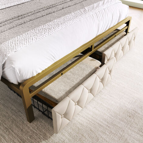 Lit Double Rembourré KOMHTOM 160x200cm - USB/Type-C, Tête De Lit Dorée, Lit Coffre | Sans Matelas