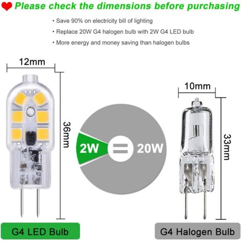 Ampoule LED G4　Lot de 10 ampoules LED G4 12 V 2 W blanc froid 6000 K, 12 LED, remplacement pour ampoule halogène G4 10 W-20 W, 200 lm, AC DC 12 V G4 Bi Pin Capsule LED pour hotte aspirante/lustre, non