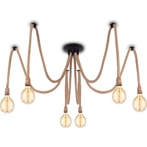 Suspension Industrielle avec Câble Textile - Bricolage Chanvre Corde Rétro Vintage Lustre 6 X 2 Mètres avec Support de Lampe E27 pour Salle à Manger, Hall, Restaurant, Bar, Café (sans ampoule)