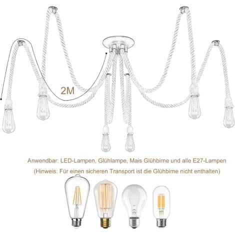 Suspension Industrielle avec Câble Textile - Bricolage Chanvre Corde Rétro Vintage Lustre 6 X 2 Mètres avec Support de Lampe E27 pour Salle à Manger, Hall, Restaurant, Bar, Café (sans ampoule)